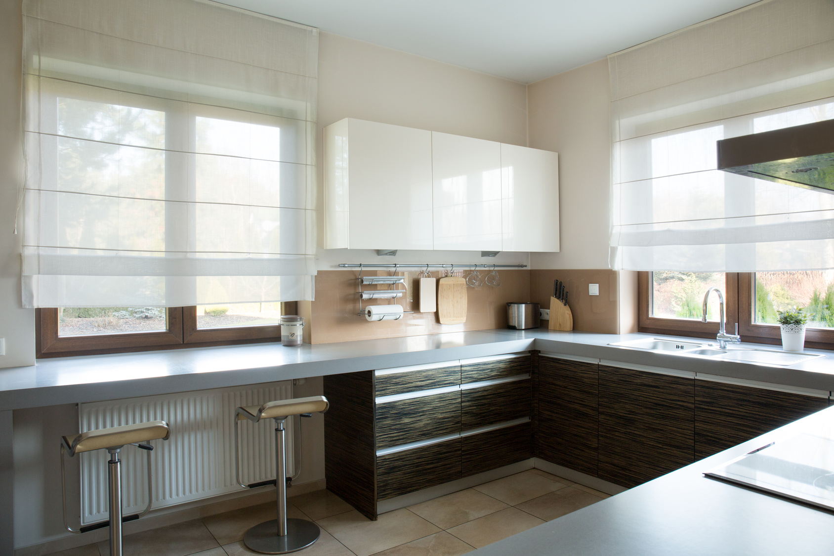 White and brown kitchen interior